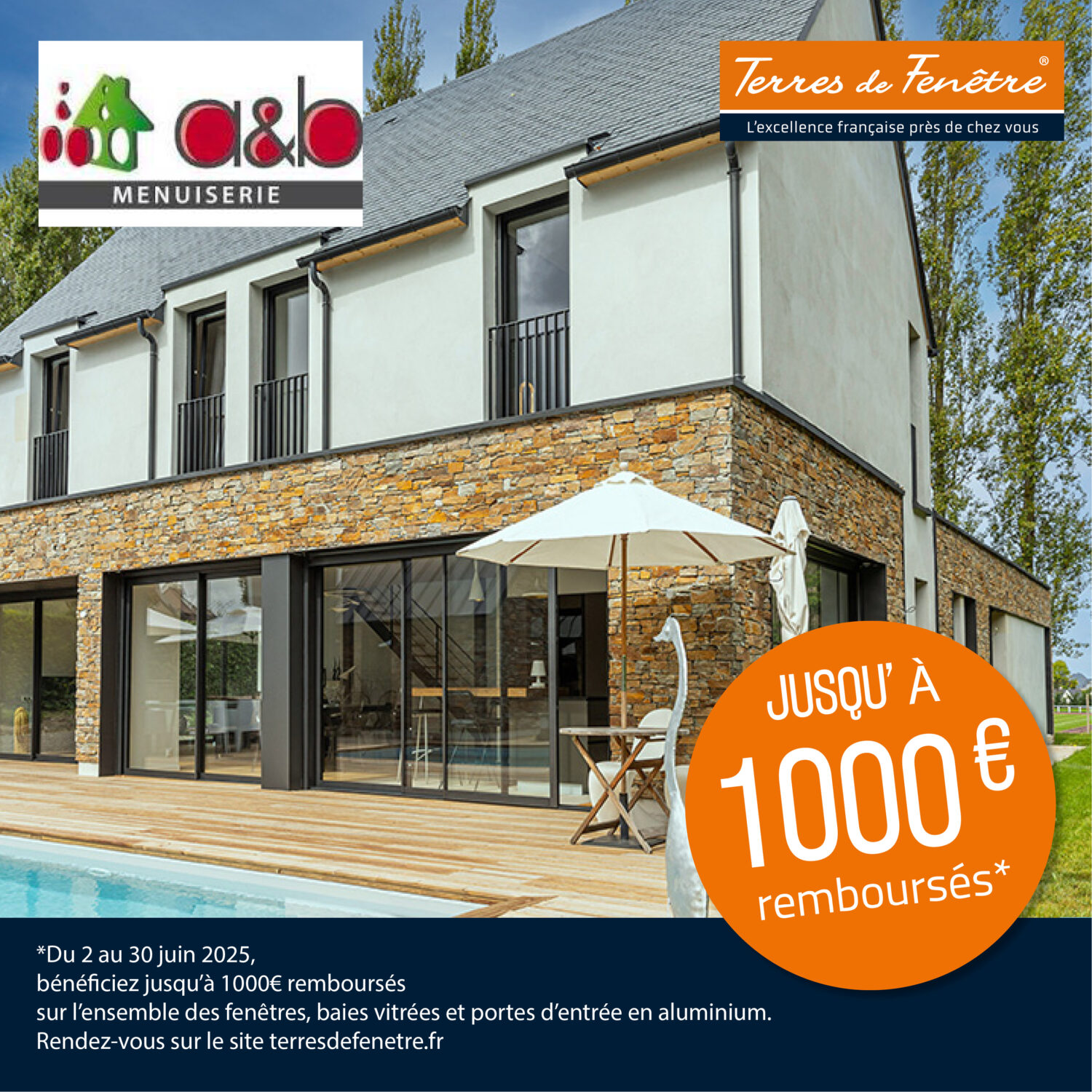 Du 2 au 30 juin 2025, bénéficiez jusqu'à 1000 € remboursés sur l'ensemble des fenêtres, baies vitrées et portes d'entrée en aluminium.