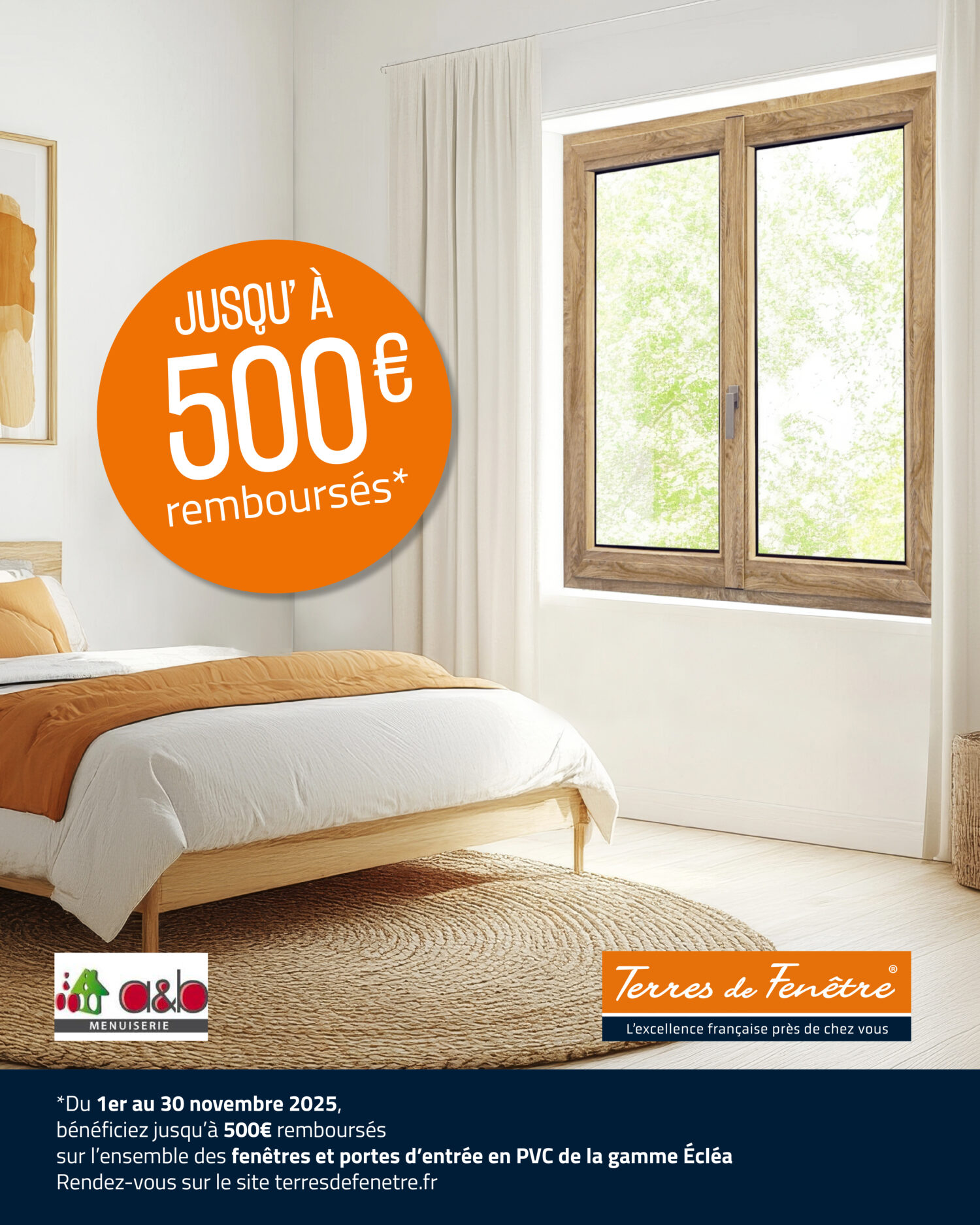 Du 1er au 30 novembre bénéficiez de jusqu'à 500 € remboursés sur l'ensemble des fenêtres et portes d'entrées PVC de la gamme Écléa !
